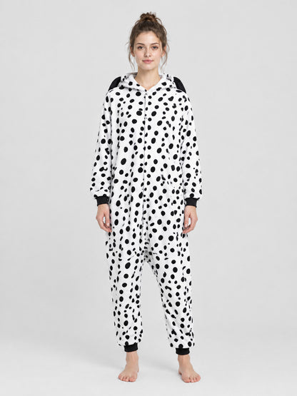 White Fleece Pajama Jumpsuit with Black Print