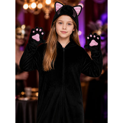 Girls Black Cat Hooded Jumpsuit Costume With Pink Paw Pads For Halloween on-model view