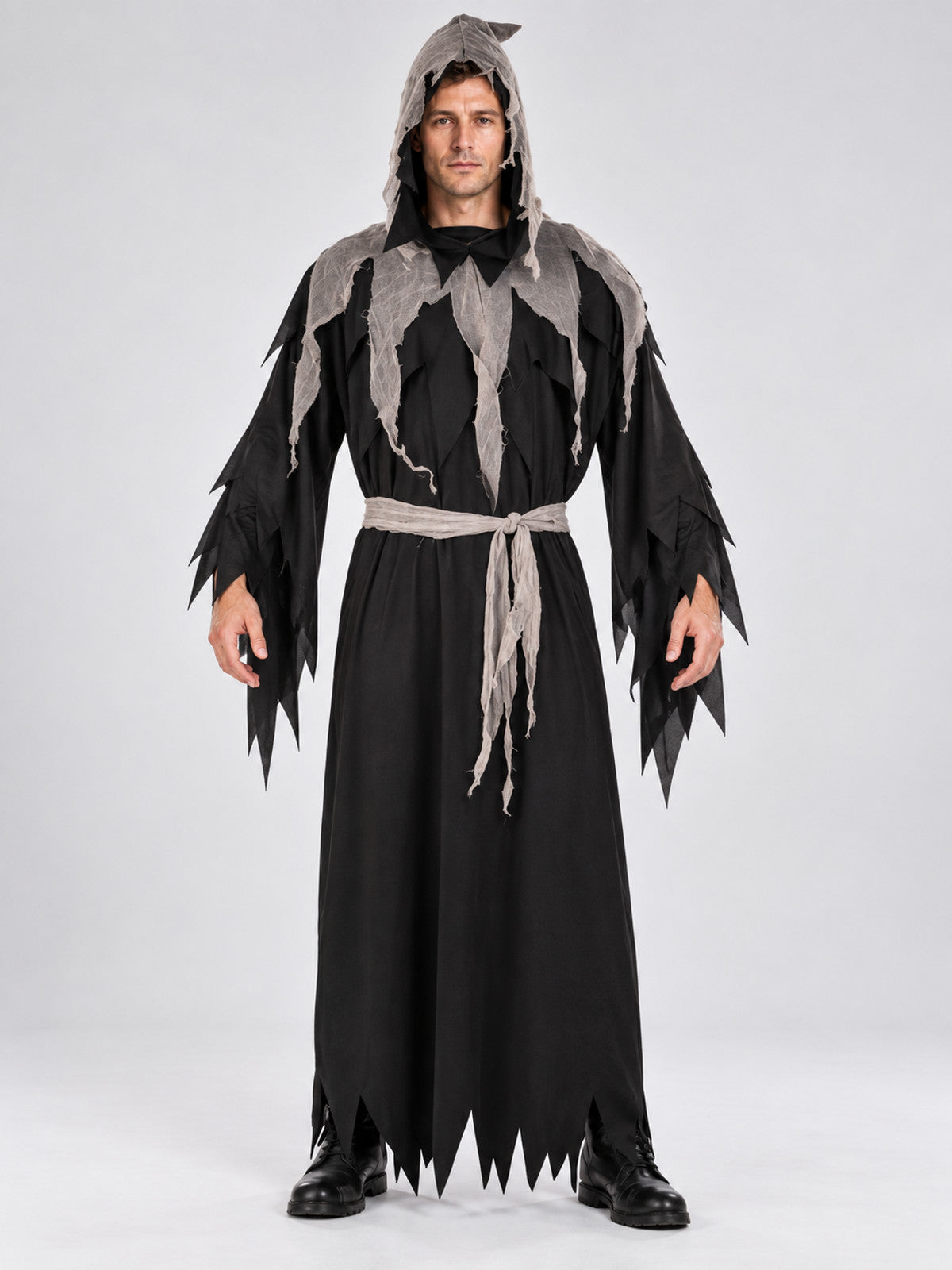 Black and Gray Vampire Costume with Hood and Belt