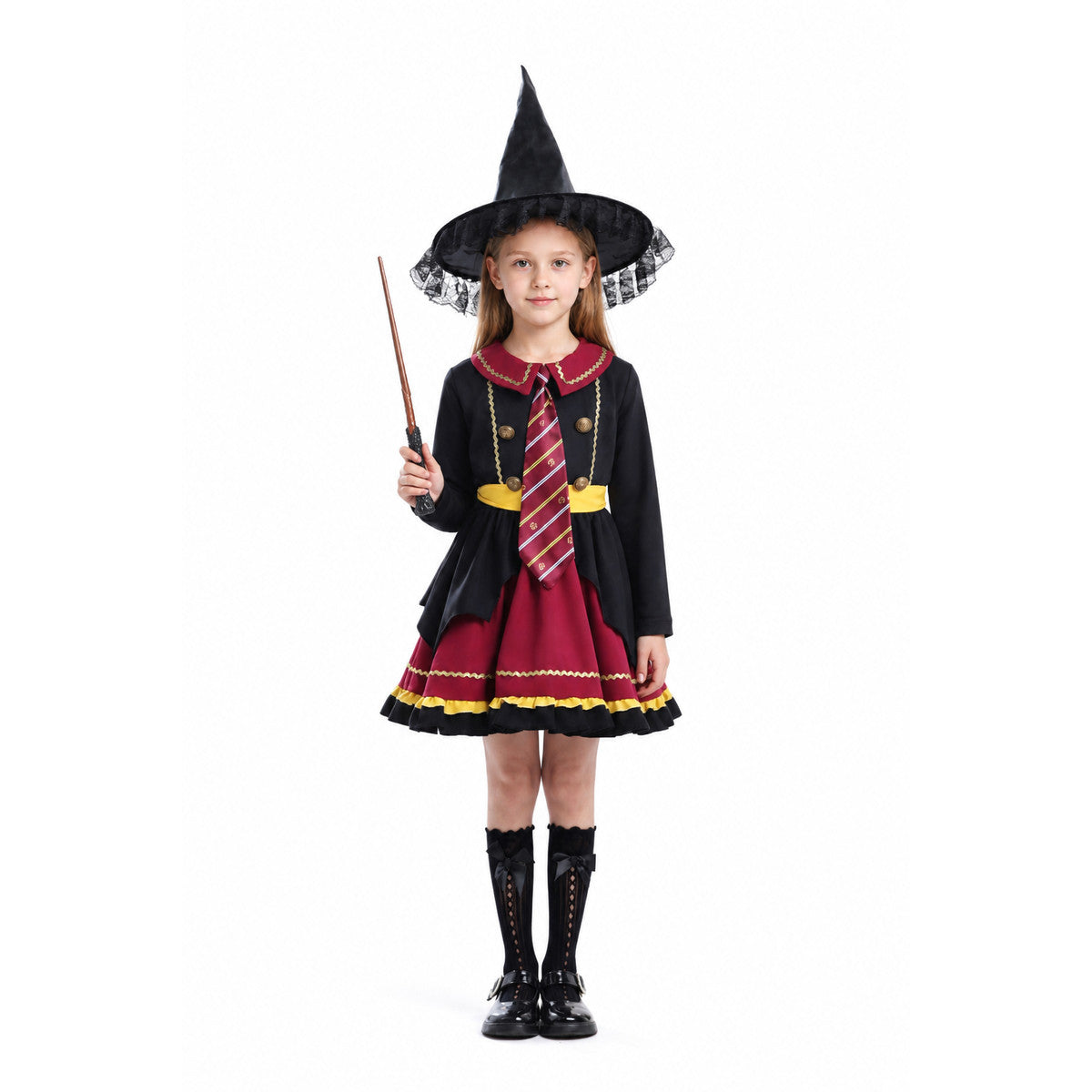 Witch Costume with Layered Dress and Lace Hat