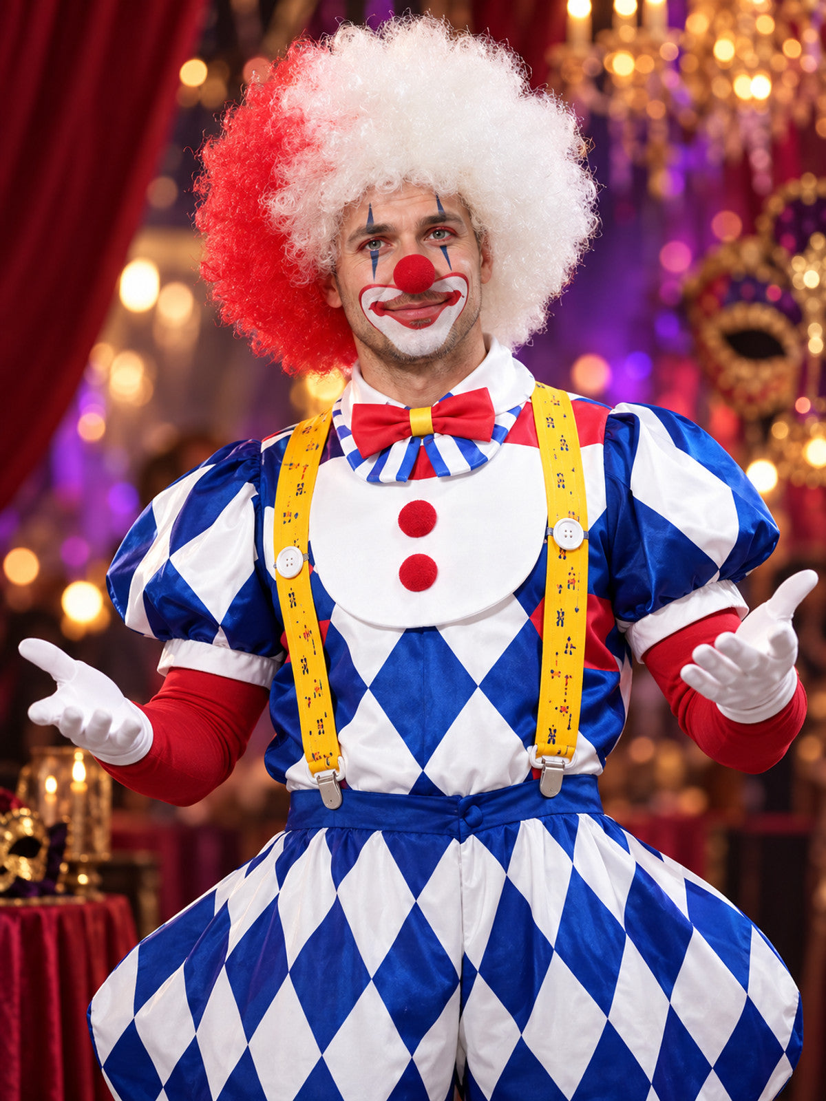 Clown Costume, 6 Pieces, with White Wig and Bow