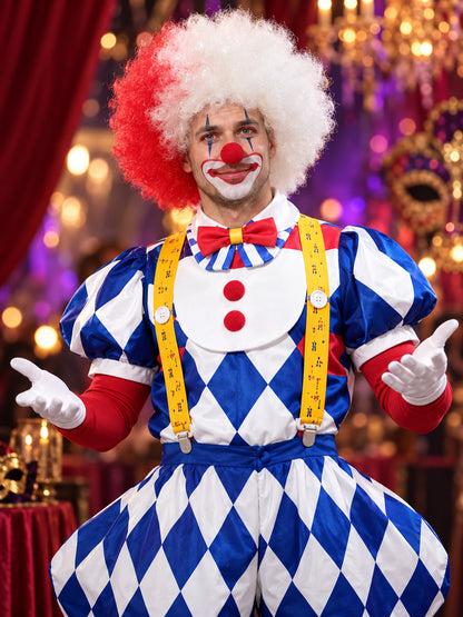 Clown Costume, 6 Pieces, with White Wig and Bow