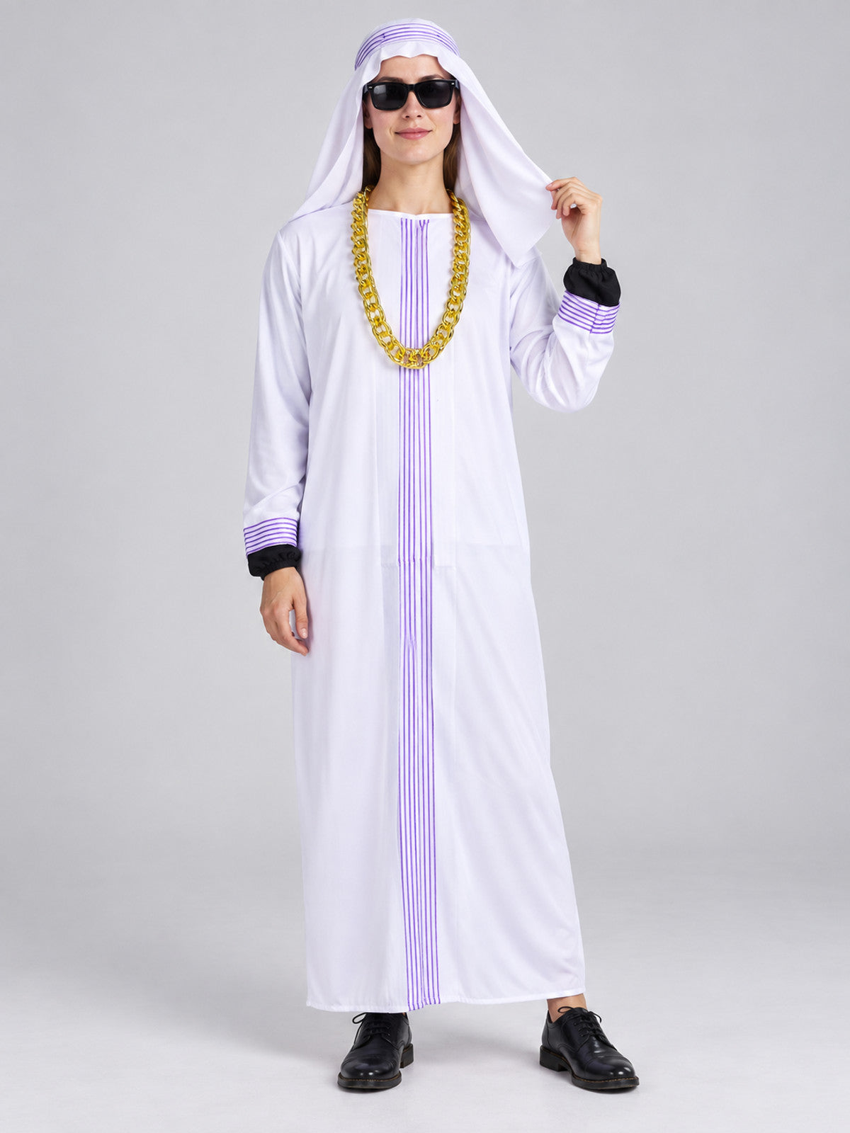 White carnival costume with purple stripes and chain