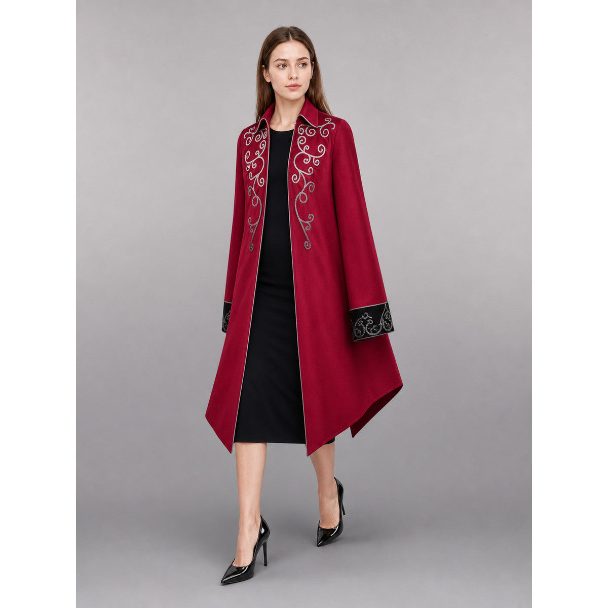 Burgundy tailcoat with embroidery and black panels front view