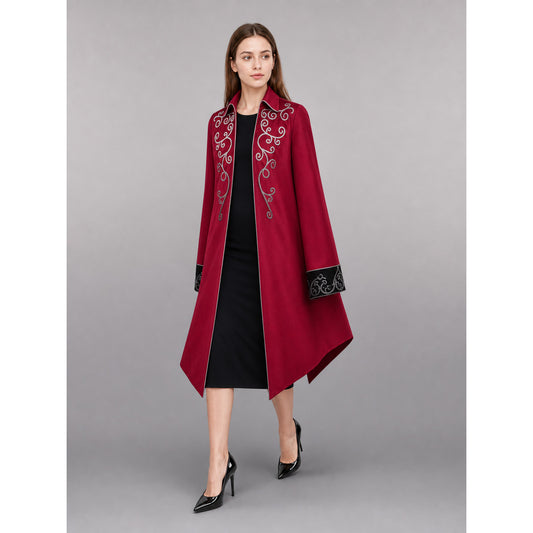 Burgundy tailcoat with embroidery and black panels