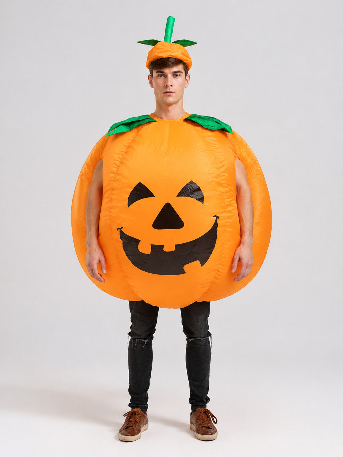 Inflatable Pumpkin Costume with Jack-o'-Lantern Face front view