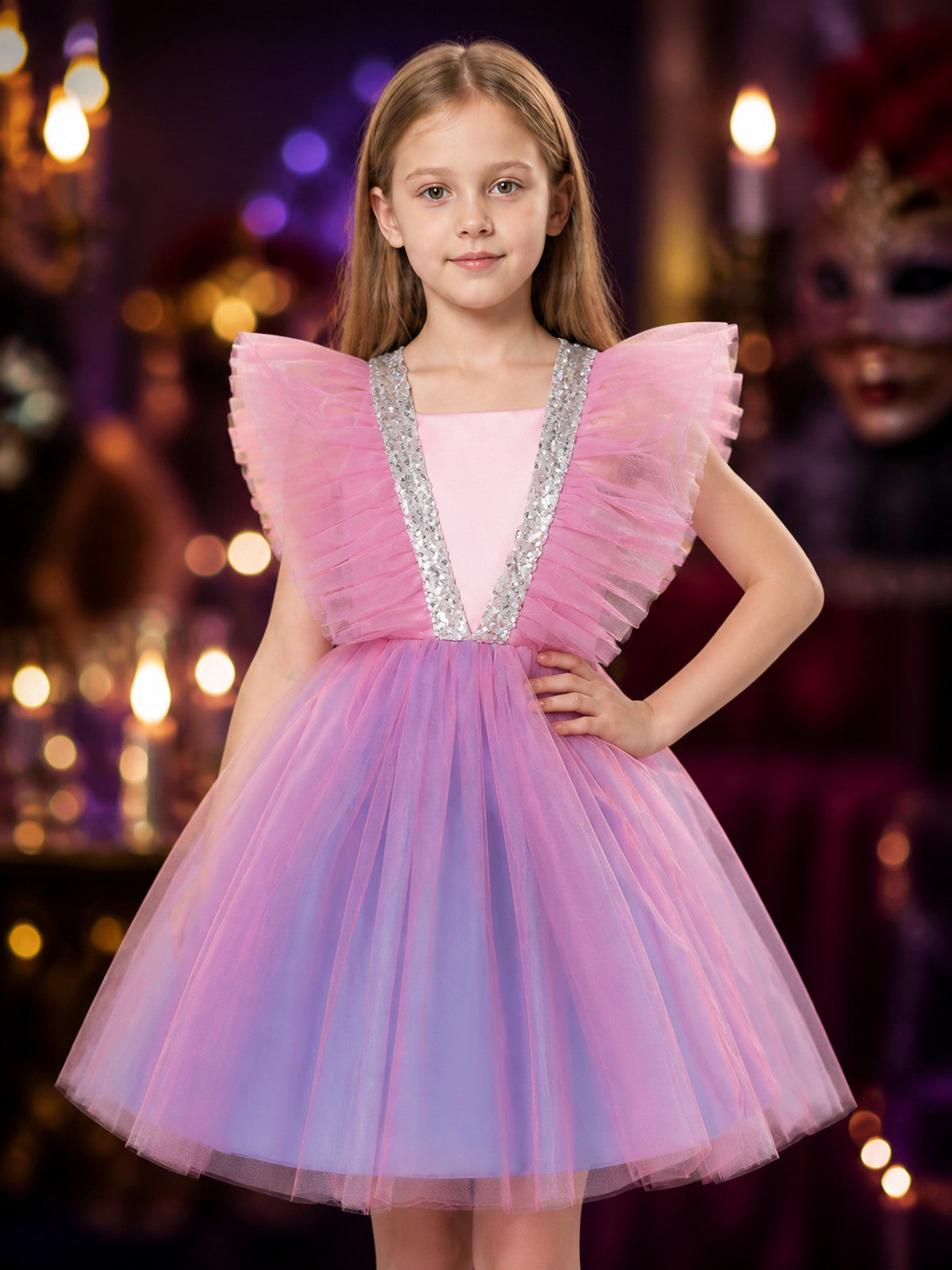 Girls' Gradient Tulle Princess Dress with Layered Skirt and Rhinestone Bow on-model view