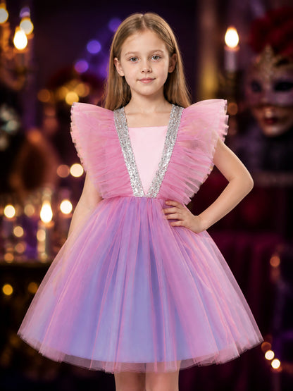 Girls' Gradient Tulle Princess Dress with Layered Skirt and Rhinestone Bow on-model view