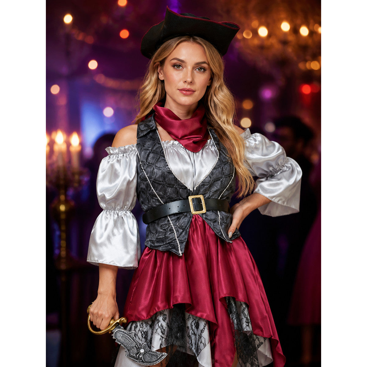 Women's Pirate Costume Set with Asymmetric Skirt, Lace Trim & Tricorn Hat