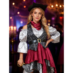 Women's Pirate Costume Set with Asymmetric Skirt, Lace Trim & Tricorn Hat