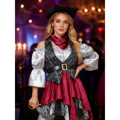 Women's Pirate Costume Set with Asymmetric Skirt, Lace Trim & Tricorn Hat