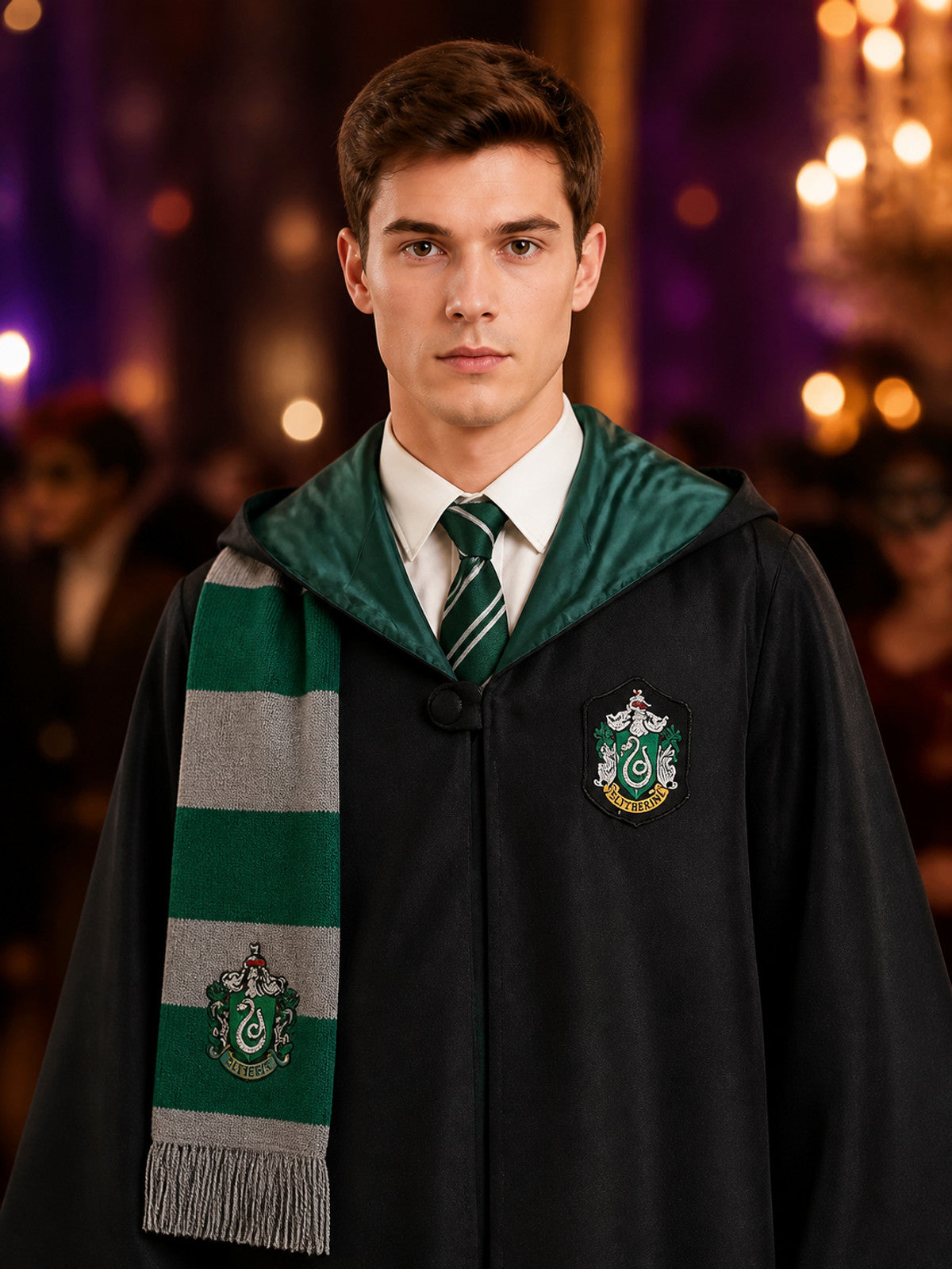 Slytherin Wizard Robe Costume Set with Scarf and Tie, Green Hooded Cloak on-model view