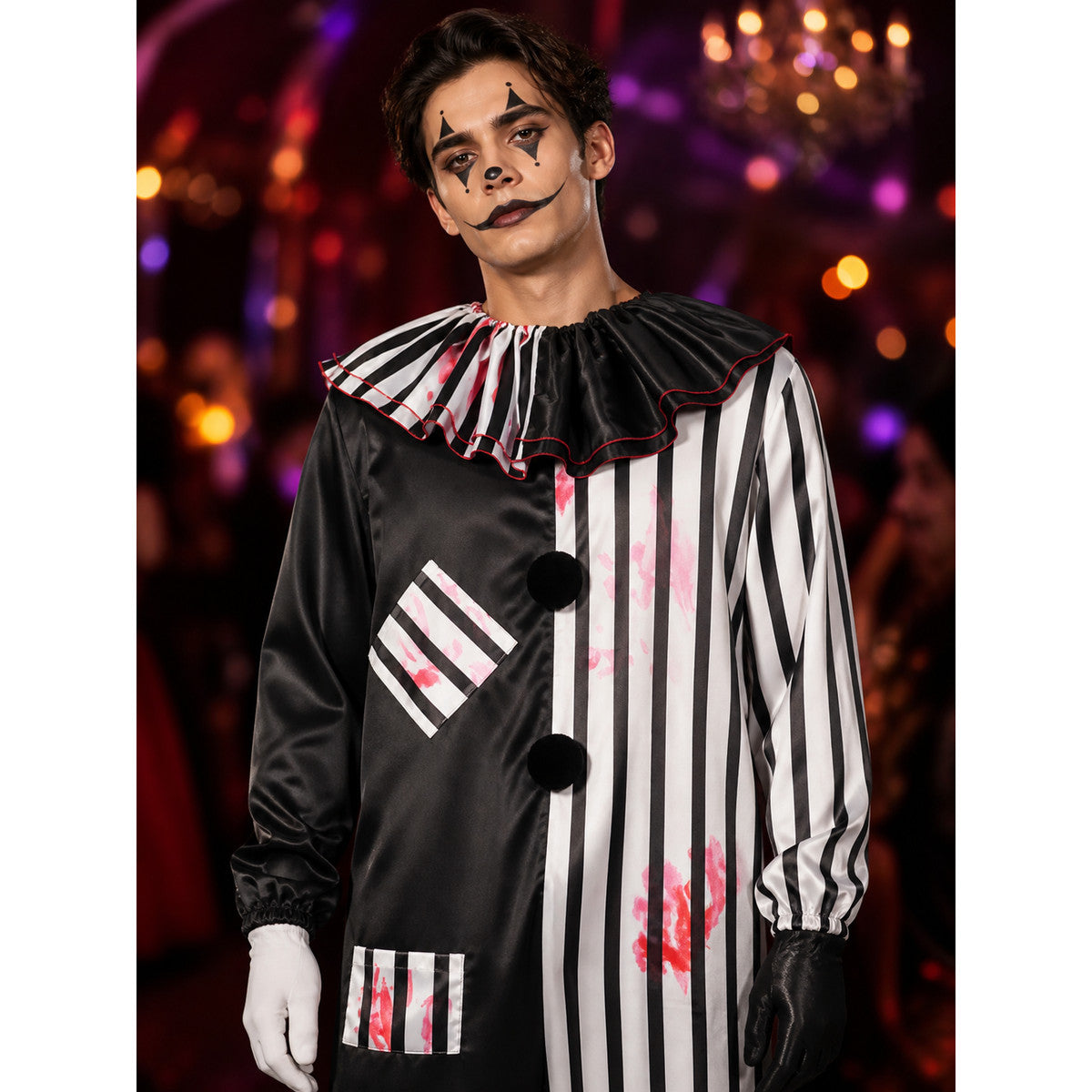 Unisex Clown Costume Bodysuit, Splatter Print Patchwork Jumpsuit for Halloween on-model view