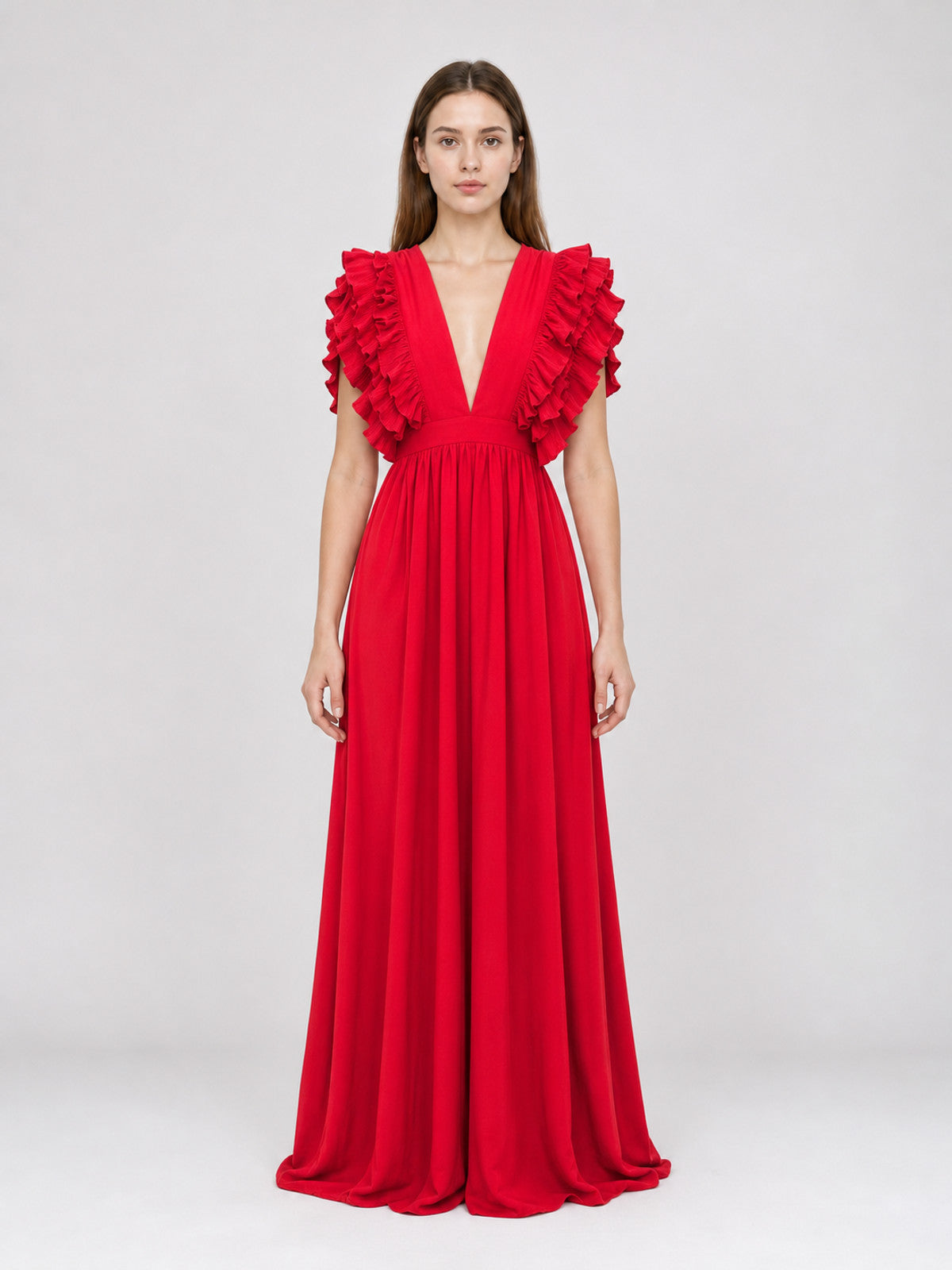 Floor-Length Maxi Dress with Ruffles and a Deep V-Neckline front view