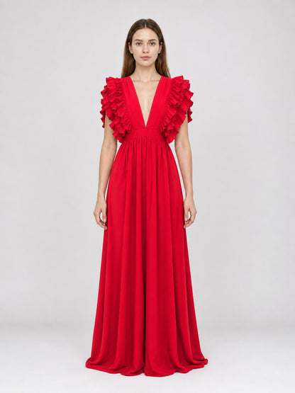 Floor-Length Maxi Dress with Ruffles and a Deep V-Neckline front view