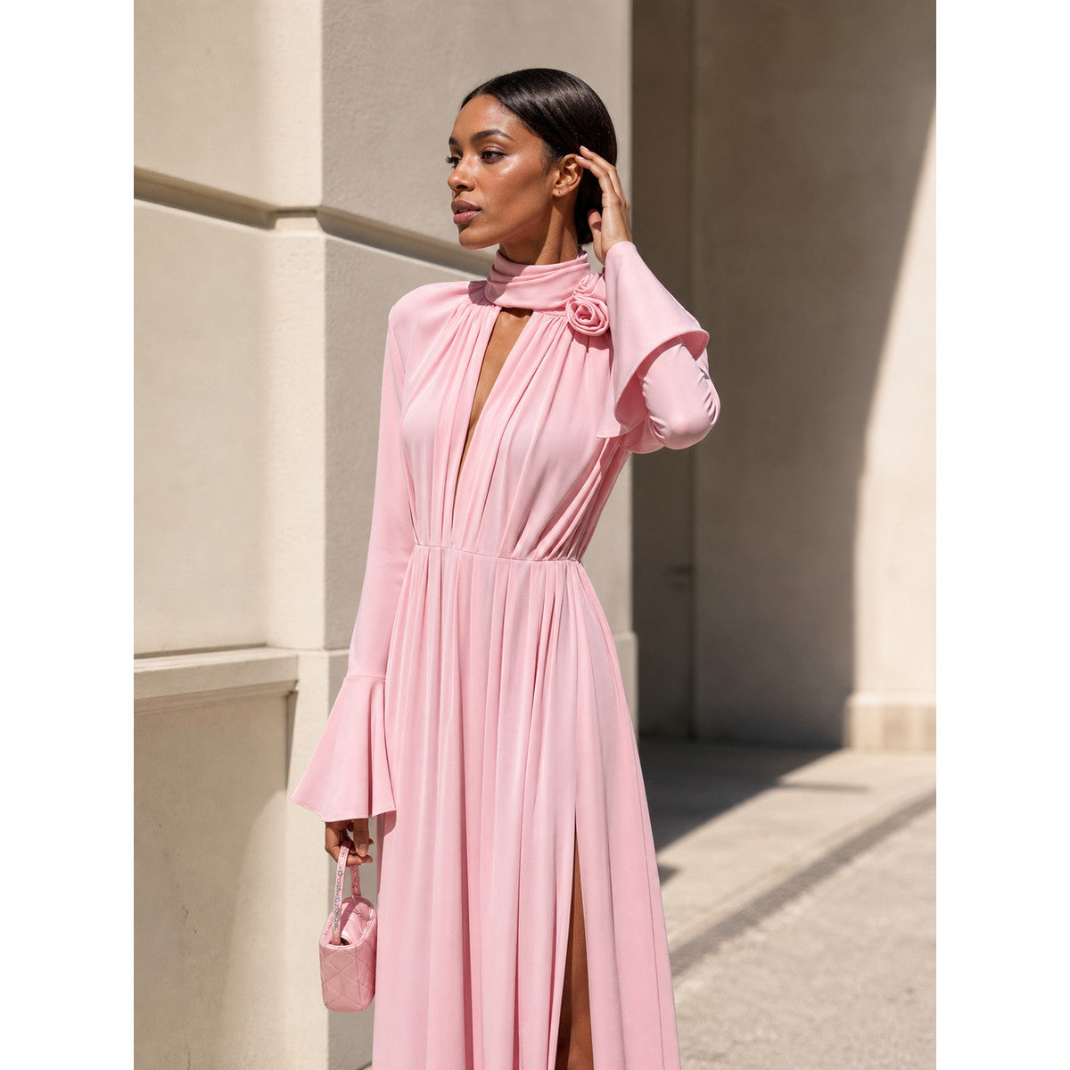 Women's Long Draped Dress with Flowers