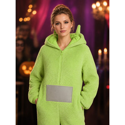 Adult Funny Cartoon Character Light Green Hooded Jumpsuit with Antenna and Gray on-model view