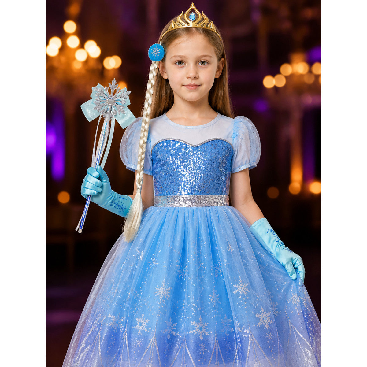 Kids Elsa Sequined Snowflake Princess Dress Costume on-model view