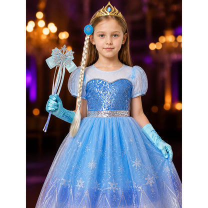 Kids Elsa Sequined Snowflake Princess Dress Costume on-model view
