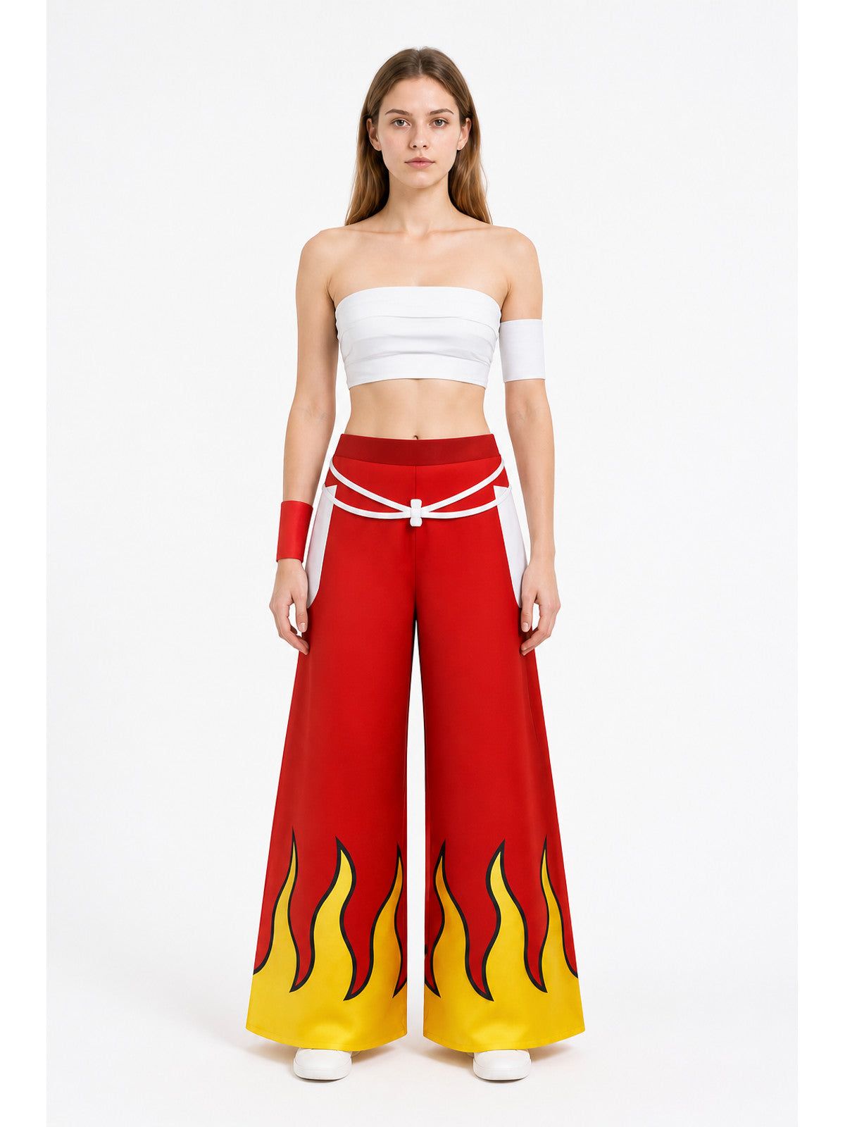 Anime cosplay costume with a flame print and wide-leg pants