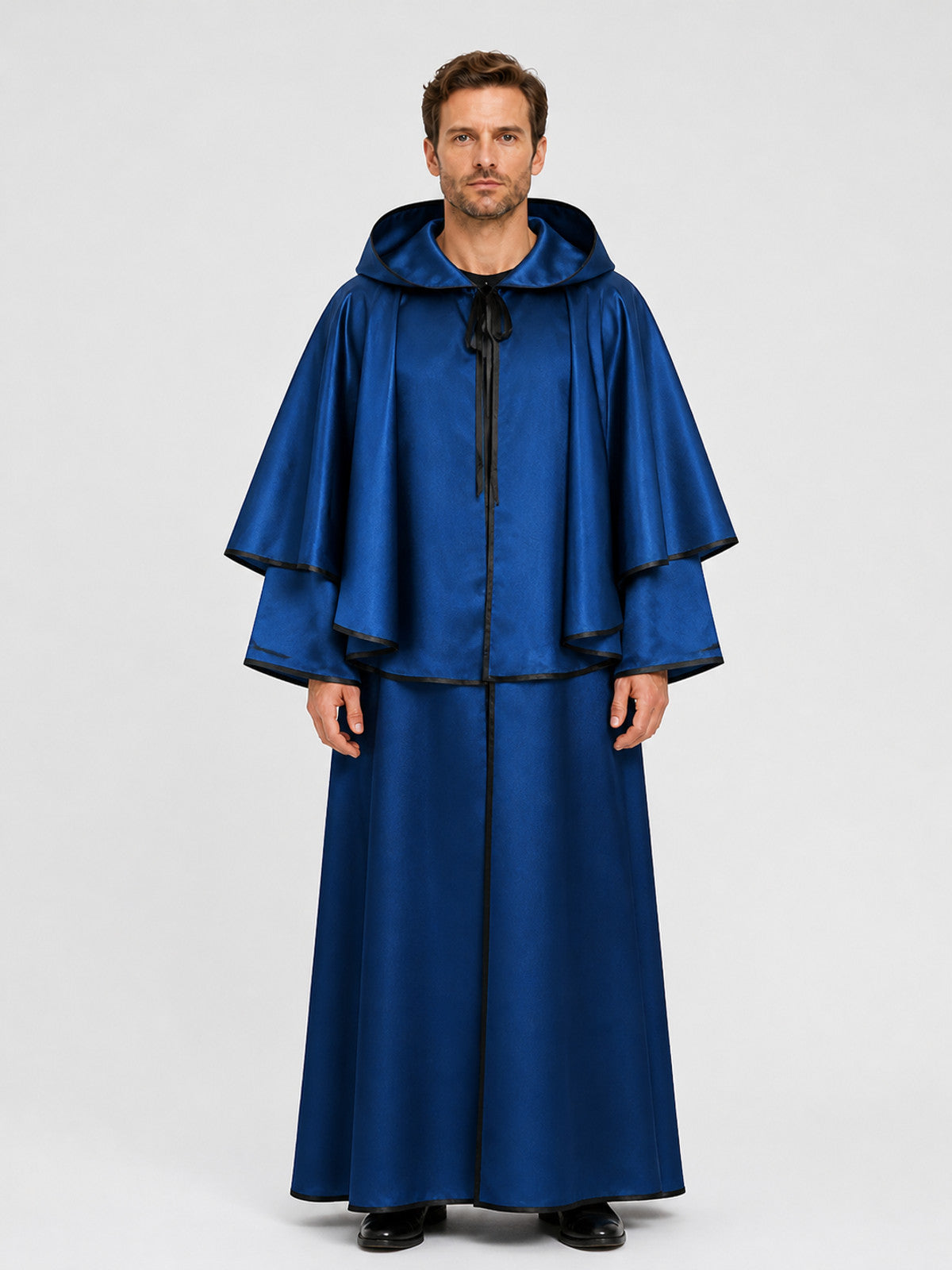 Long Blue Hooded Cloak for Death Cosplay on-model view