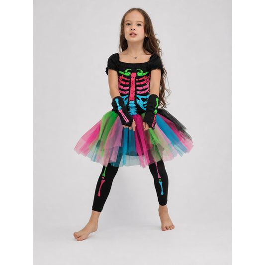 Skeleton costume with a multicolored skirt