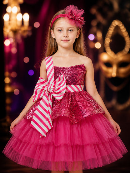 Girls' Sequin Tulle Princess Dress Costume with Bow, Christmas Party Outfit on-model view