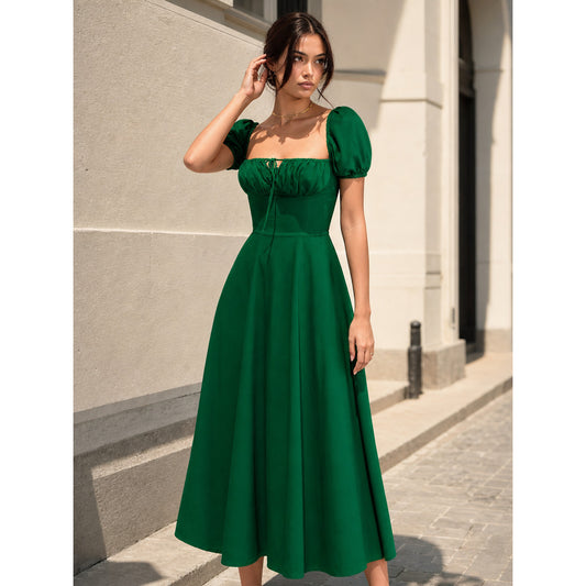 Women's Green Dress with a Square Neckline and Lace-Up Detail