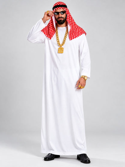 White clothing set with red scarf and chain
