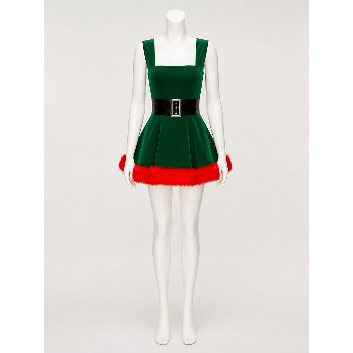 Women's Green Christmas Tree Princess Dress with Red Fur Trim and Black Belt on-model view