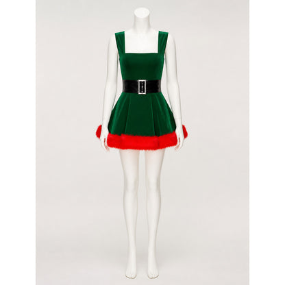 Women's Green Christmas Tree Princess Dress with Red Fur Trim and Black Belt on-model view