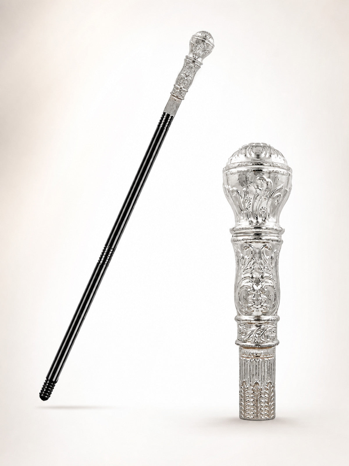 1pc Vintage Black And Bright Silver Carved Ball Handle Scepter Cane, Ornate