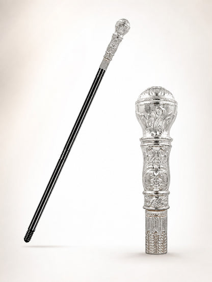 1pc Vintage Black And Bright Silver Carved Ball Handle Scepter Cane, Ornate