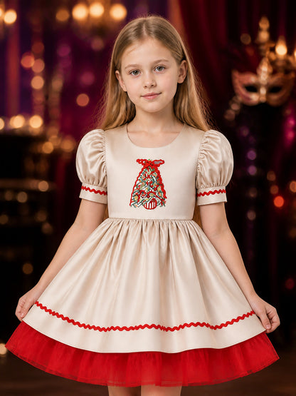 Girls' Christmas Princess Dress, Bell Print, Ruffle Trim and Tulle Skirt Costume on-model view
