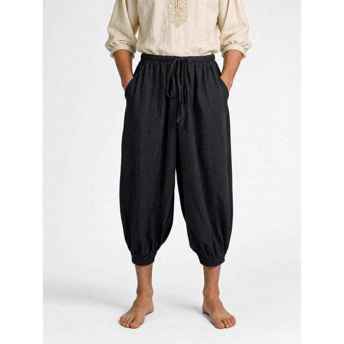 Black Cropped Aladdin Pants, Cotton Linen