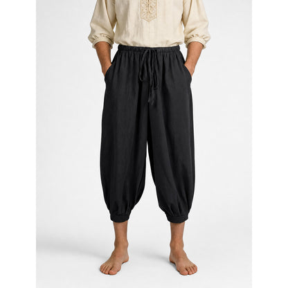 Black Cropped Aladdin Pants, Cotton Linen