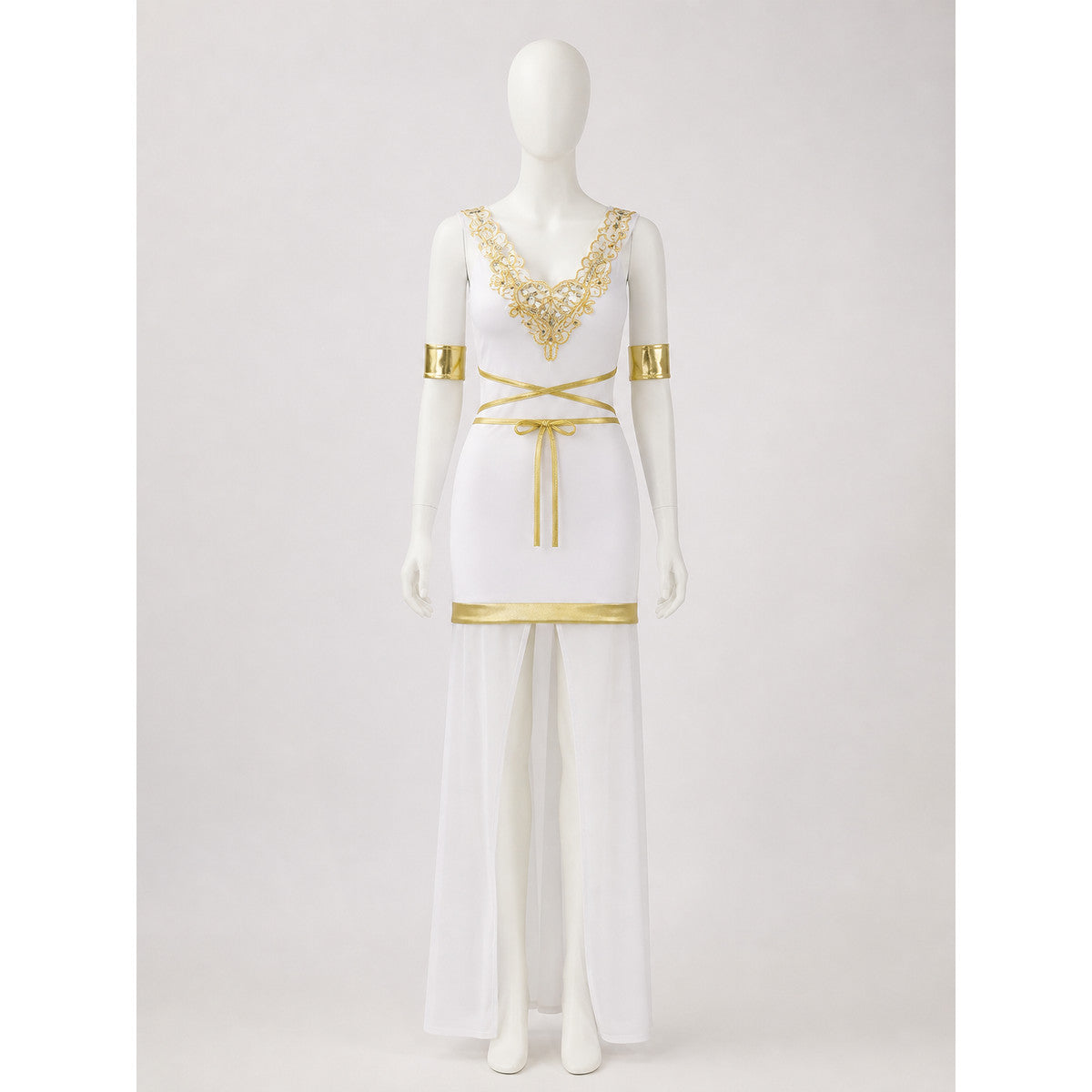 Egyptian Goddess Costume, White and Gold Sleeveless High-Slit Dress With Arm on-model view