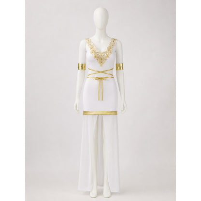 Egyptian Goddess Costume, White and Gold Sleeveless High-Slit Dress With Arm on-model view