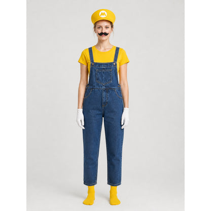 Mario Costume with T-Shirt and Denim Bib Overalls on-model view