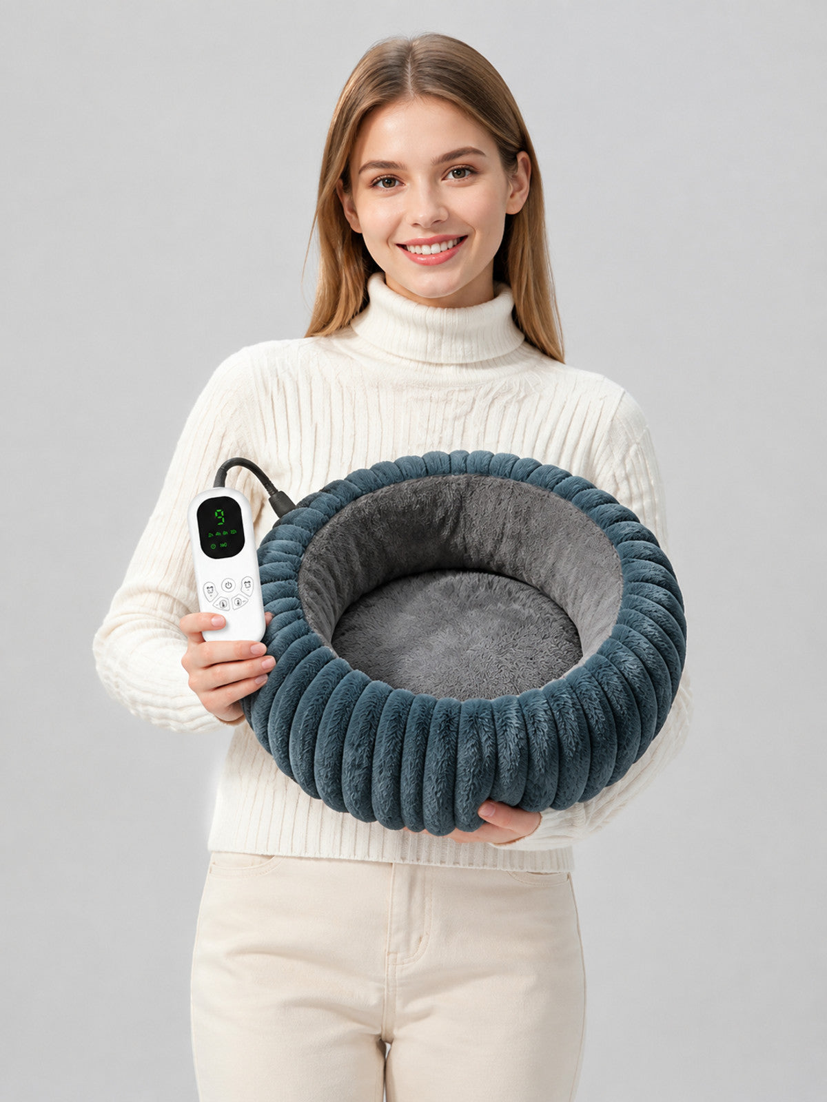 Round Heated Pet Bed on-model view