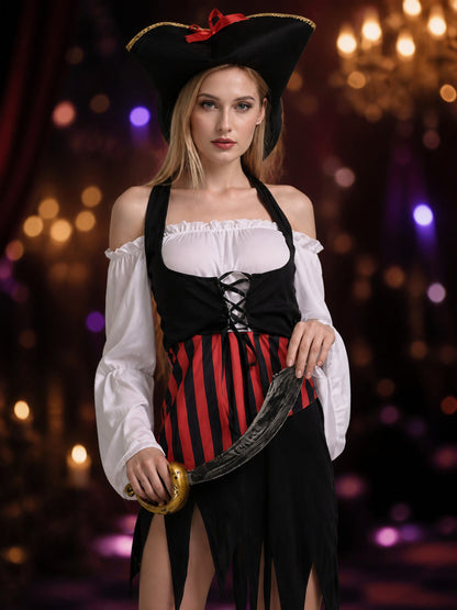 Pirate Captain Costume Set With Corset-Style Dress And Tricorn Hat
