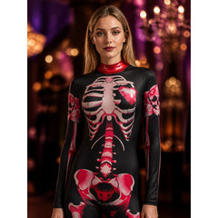 Long Sleeve High Neck Skeleton Bodysuit Costume With Pink Bow Print