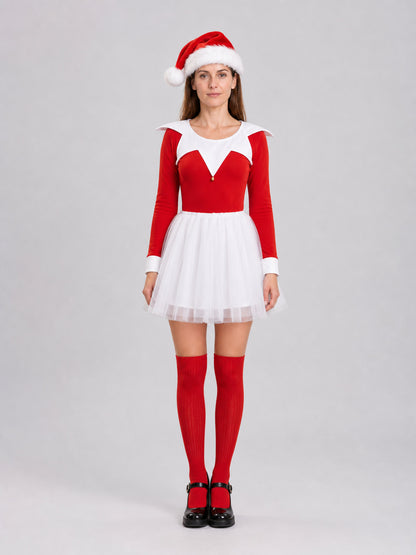 Short Red and White Dress with a Full Skirt on-model view