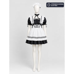 Black-and-White Maid-Style Dress with Ruffles and Bows