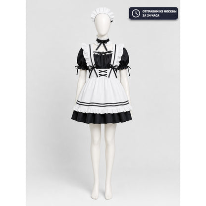 Black-and-White Maid-Style Dress with Ruffles and Bows