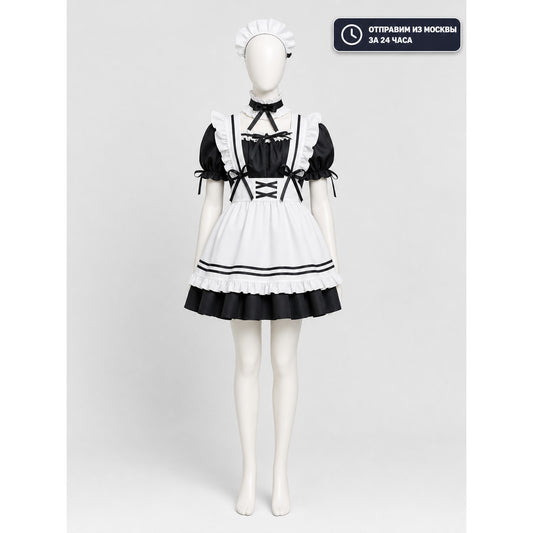 Black-and-White Maid-Style Dress with Ruffles and Bows