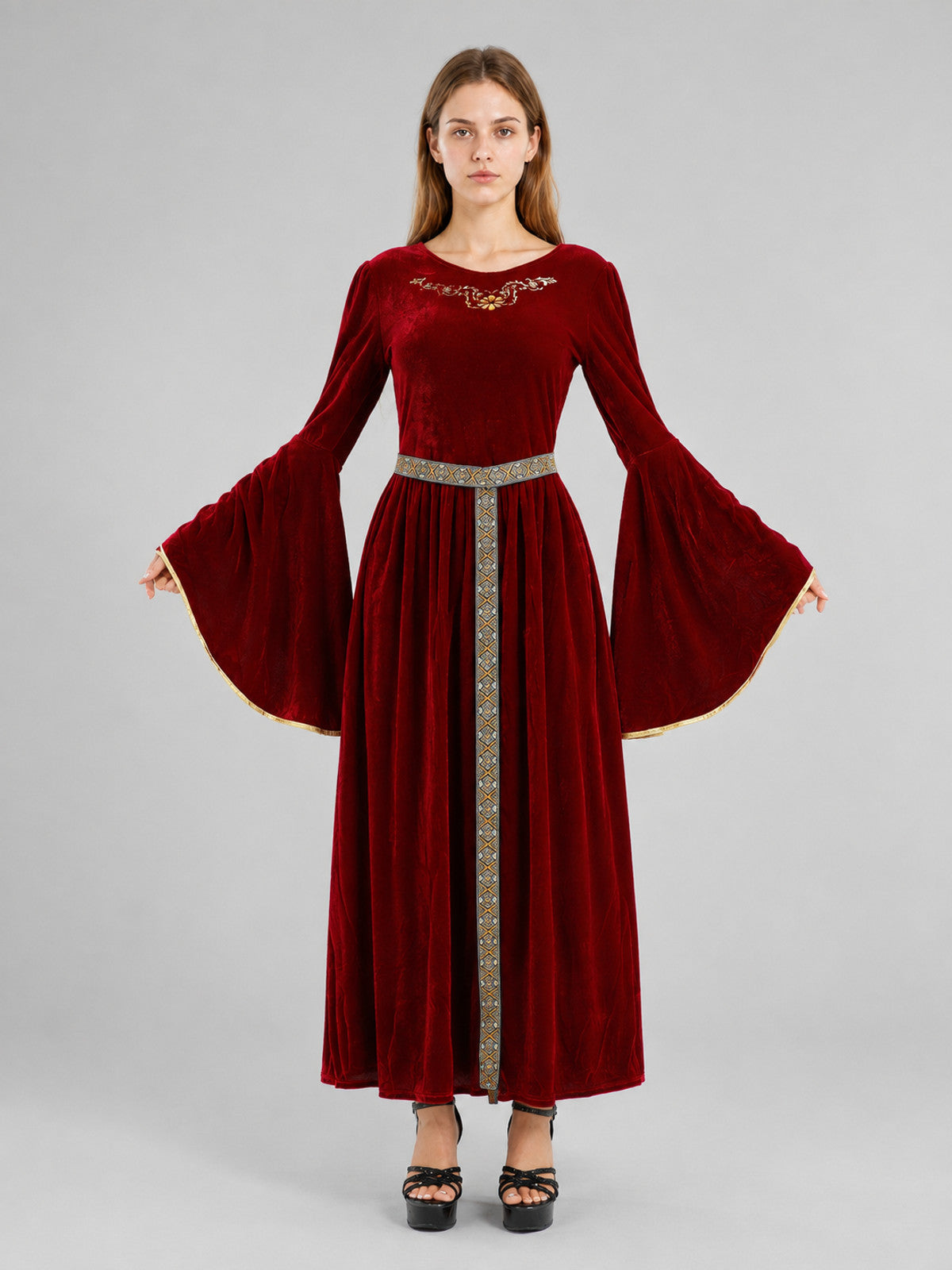 Floor-Length Velvet Costume Dress with Belt on-model view