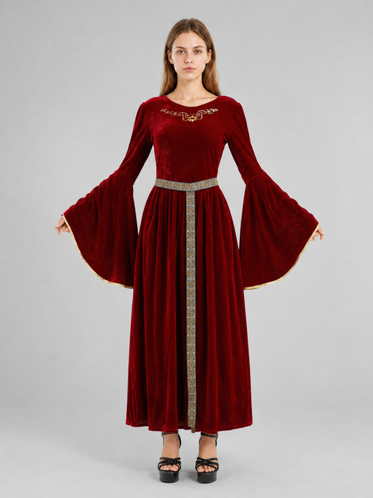 Floor-Length Velvet Costume Dress with Belt on-model view
