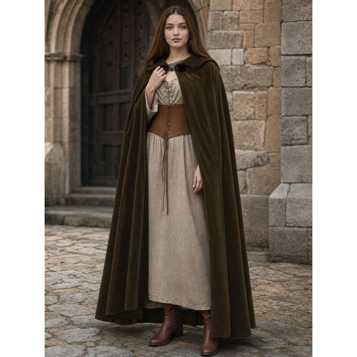 Full-body model wearing a dark brown hooded cloak with a floor-length drape over a beige medieval-style dress