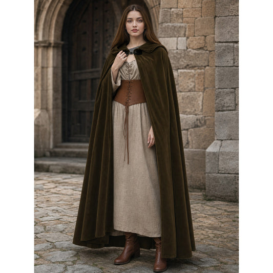 Full-body model wearing a dark brown hooded cloak with a floor-length drape over a beige medieval-style dress